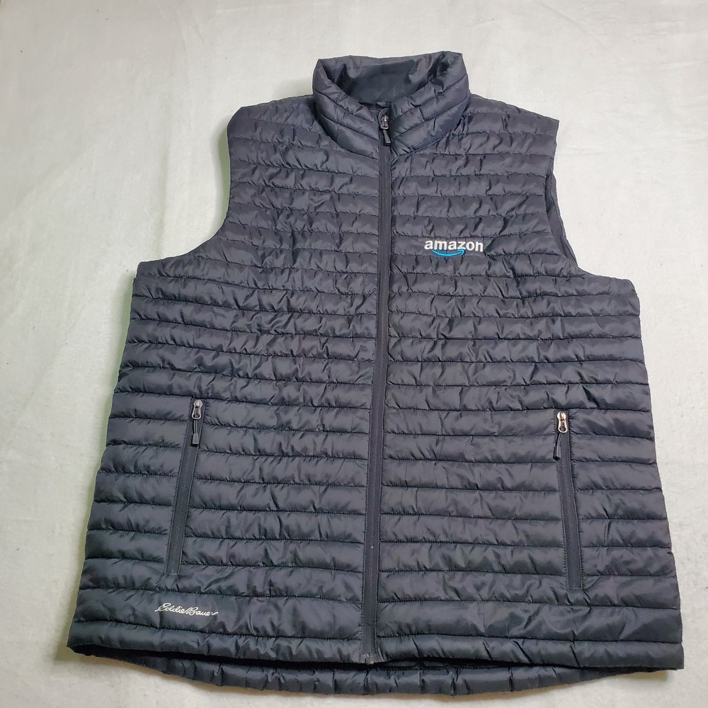 Eddie Bauer Mens Puffer Vest Black Amazon Logo Packable Size 2XL